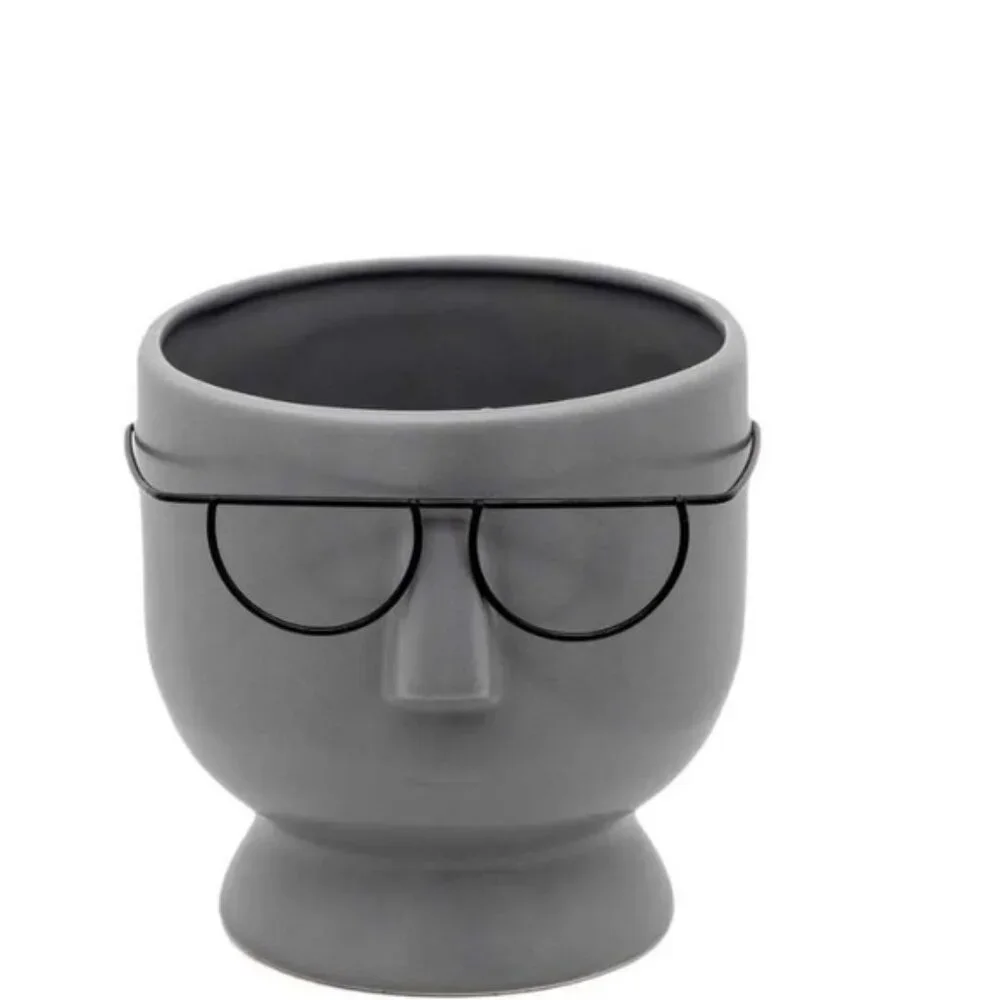 Face with glasses 6in ceramic planter gray
